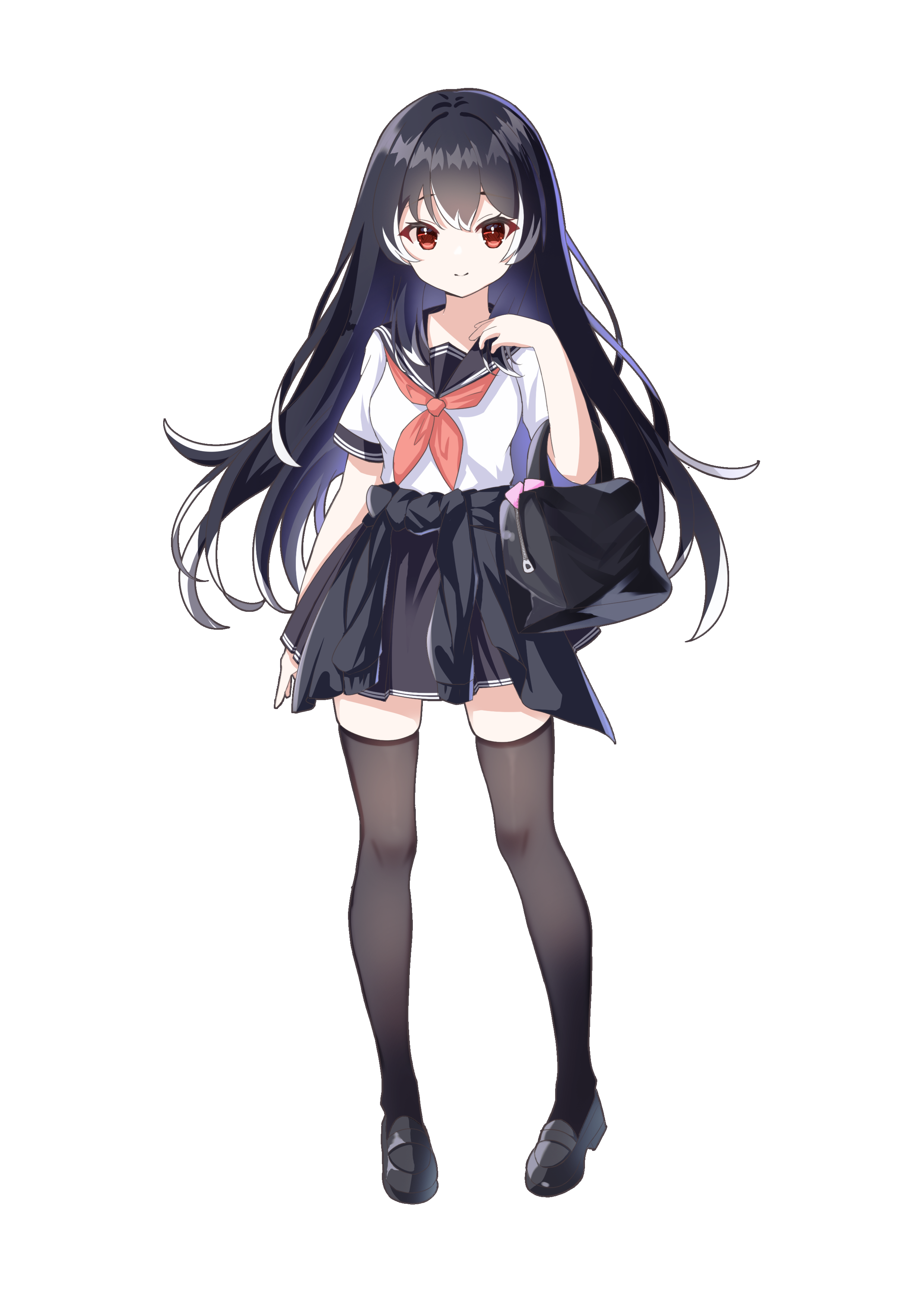 original, absurdres, artist request, commentary request, highres, second-party source, 1girl, arm at side, bag, black bag, black cardigan, black hair, black sailor collar, black shoes, black skirt, black thighhighs, cardigan, cardigan around waist, choppy bangs, closed mouth, clothes around waist, full body, hand up, light smile, loafers, long hair, looking at viewer, miniskirt, neckerchief, orange neckerchief, pigeon-toed, red eyes, sailor collar, school bag, school uniform, serafuku, shirt, shoes, short sleeves, skirt, solo, split mouth, straight-on, thighhighs, transparent background, white shirt