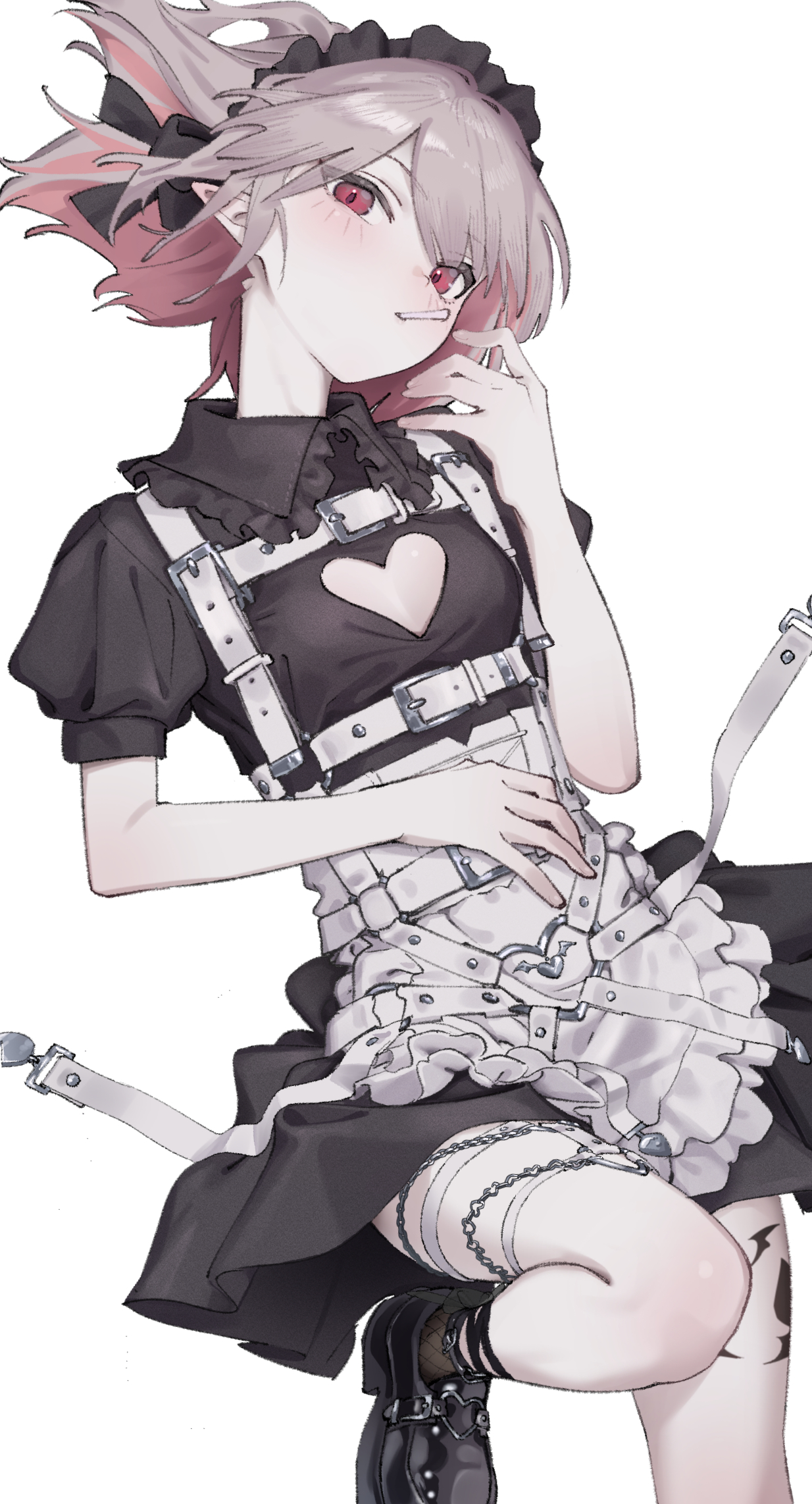 houwashiteiru, makaino ririmu, makaino ririmu (5th costume), nijisanji, highres, 1girl, ankle lace-up, ankle ribbon, ankle socks, ankle strap, apron, belt, black dress, black headdress, black ribbon, black shoes, blush, breasts, candy, chain, chest harness, cigarette candy, cleavage cutout, clothing cutout, collared dress, colored inner hair, dress, dutch angle, fishnet socks, fishnets, food, foot out of frame, frilled shirt collar, frills, grey hair, hair spread out, hand on own stomach, hand to own mouth, harness, heart, heart cutout, heart o-ring, knee up, leg ribbon, leg tattoo, looking at viewer, loose belt, lying, maid, maid headdress, medium hair, mouth hold, multicolored hair, multiple belts, no jacket, o-ring, o-ring belt, o-ring thigh strap, on back, orion cocoa cigarettes, pink hair, platform shoes, pointy ears, puffy short sleeves, puffy sleeves, red eyes, ribbon, shoes, short dress, short sleeves, simple background, small breasts, socks, solo, tattoo, thigh strap, virtual youtuber, waist apron, white apron, white background, white belt, winged heart