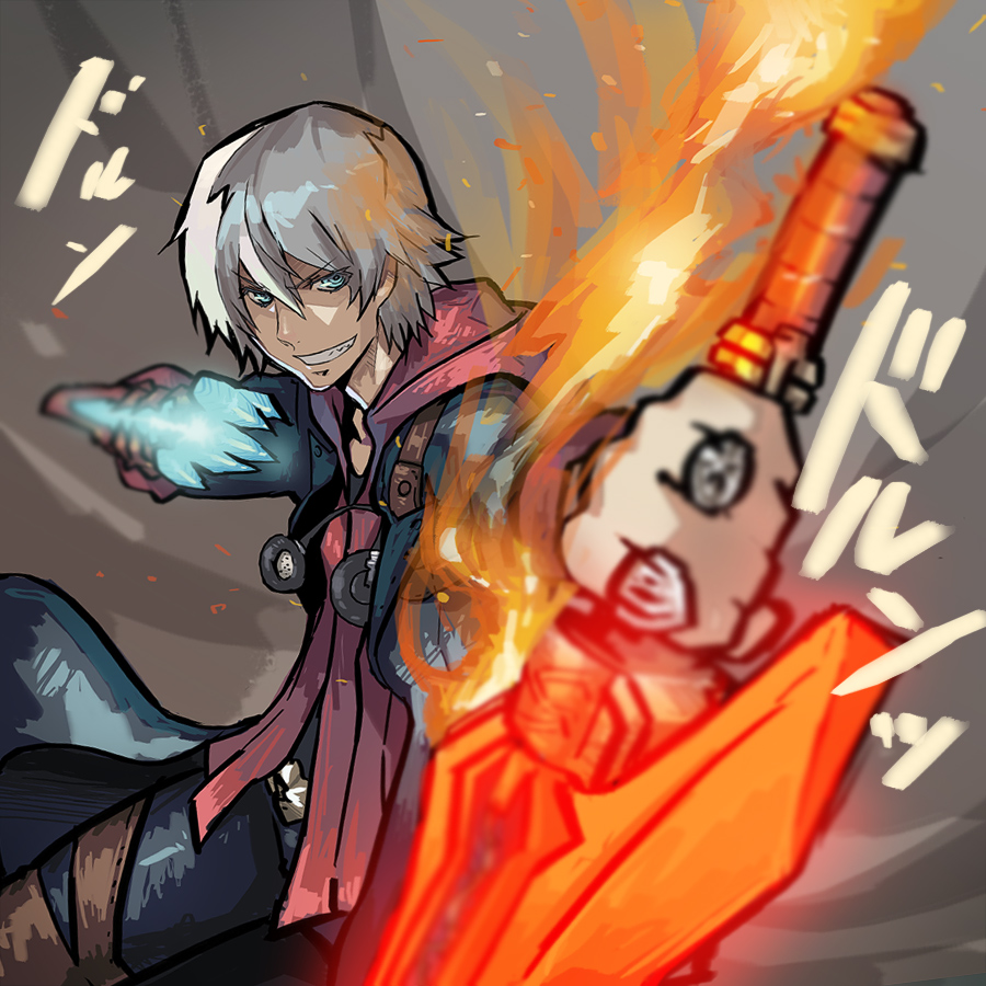 meme50, nero (devil may cry), capcom, devil may cry, devil may cry (series), devil may cry 4, 00s, 1boy, blue eyes, devil bringer, fire, grin, headphones, male focus, red queen (sword), smile, solo, sword, weapon, white hair