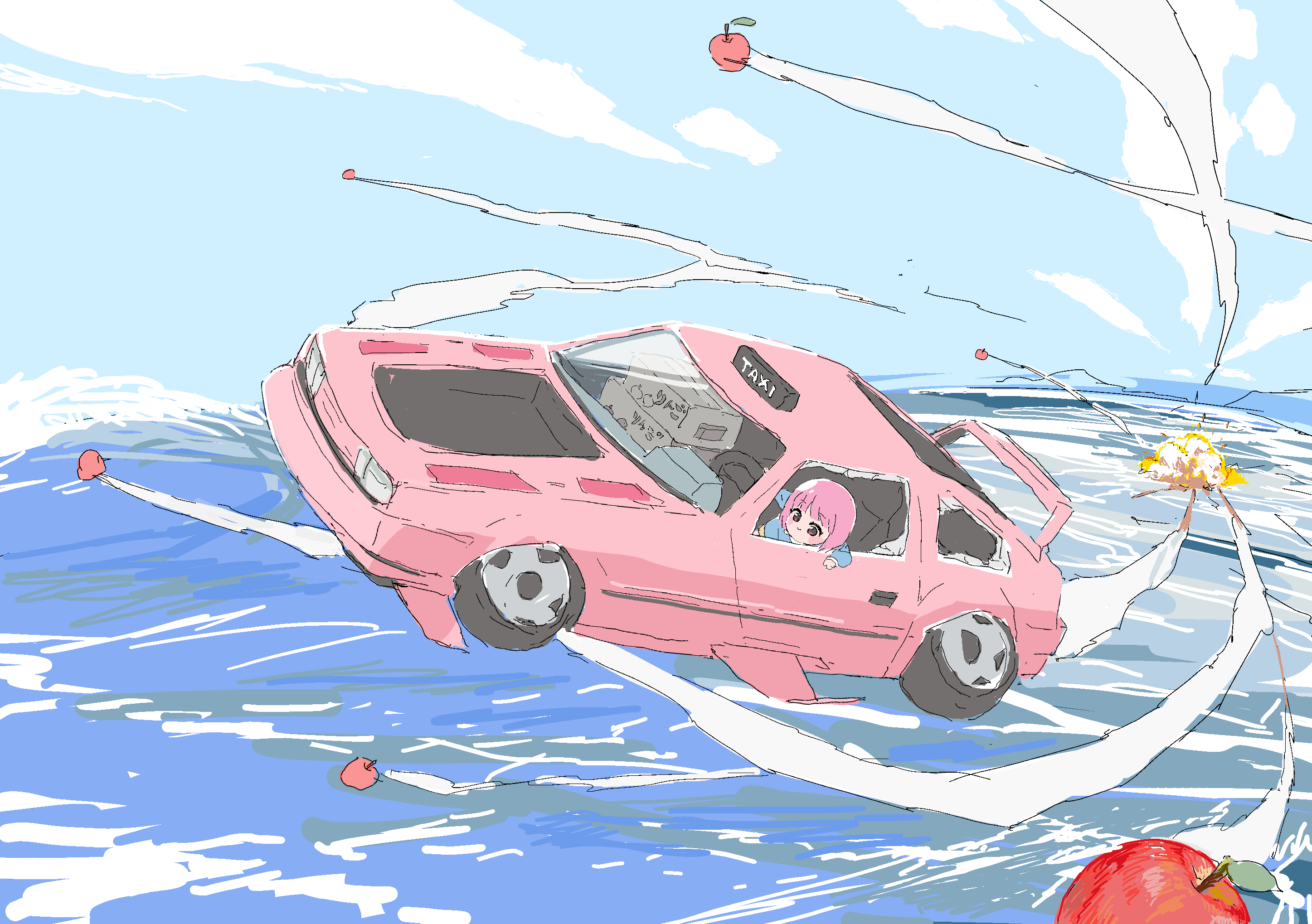 mmmkawaine, yumeno akari, vspo!, highres, 1girl, apple, car, flying car, food, fruit, koimeno akarin, motor vehicle, ocean, pink hair, waves
