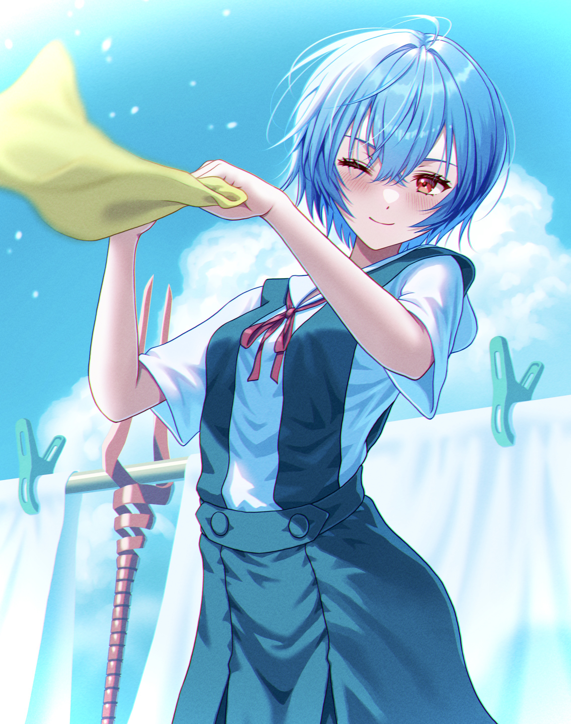 yahha, ayanami rei, neon genesis evangelion, absurdres, commentary, highres, 1girl, bed sheet, blue skirt, blue sky, blurry, blush, bow, bowtie, breasts, closed mouth, cloth, clothesline, cloud, collared shirt, cowboy shot, crossed bangs, cumulonimbus cloud, dress shirt, drying, eyelashes, hair between eyes, holding cloth, lance of longinus (evangelion), light particles, light smile, loose hair strand, messy hair, neck ribbon, one eye closed, outdoors, red bow, red bowtie, red eyes, red ribbon, ribbon, school uniform, shirt, short hair, short sleeves, skirt, sky, small breasts, smile, solo, suspender skirt, suspenders, tokyo-3 middle school uniform, white shirt