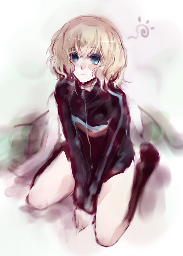 nokishita, alice margatroid, touhou, 1girl, bare legs, black dress, black socks, black track suit, blue eyes, boots, brown boots, dress, female focus, full body, knee boots, kneehighs, long sleeves, short hair, simple background, sitting, socks, solo, track suit, wariza, wavy hair, white background