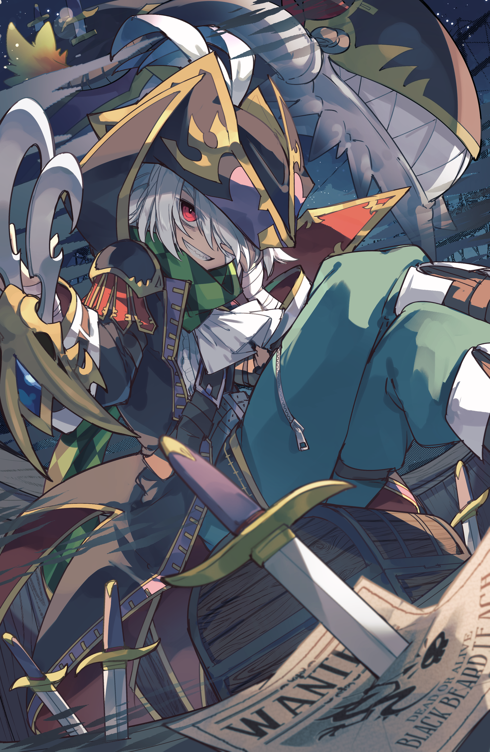 kuuron (moesann17), blackbeard (p&d), puzzle & dragons, absurdres, highres, 1boy, argyle clothes, argyle scarf, bandaged hand, bandages, checkered clothes, checkered scarf, claw (weapon), covering one eye, dagger, dragon, hat, hat feather, knife, pirate, pirate hat, scarf, treasure chest, wanted poster, weapon