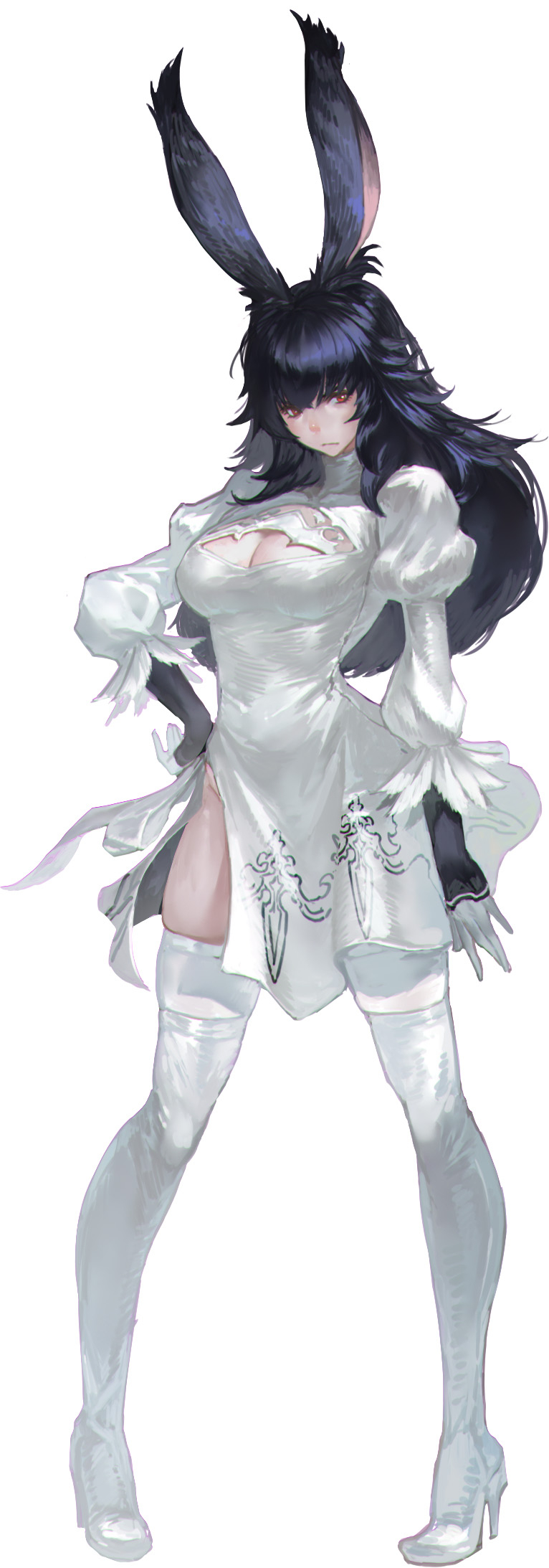 xleontan, 2b (nier:automata), warrior of light (ff14), final fantasy, final fantasy xiv, nier:automata, nier (series), highres, 1girl, 2b (nier:automata) (cosplay), black hair, black sleeves, boots, breasts, cleavage, cleavage cutout, closed mouth, clothing cutout, cosplay, dress, eyebrows hidden by hair, full body, hand on own hip, high heels, large breasts, long hair, looking at viewer, red eyes, simple background, solo, stiletto heels, thigh boots, unamused, viera, white background, white boots, white dress