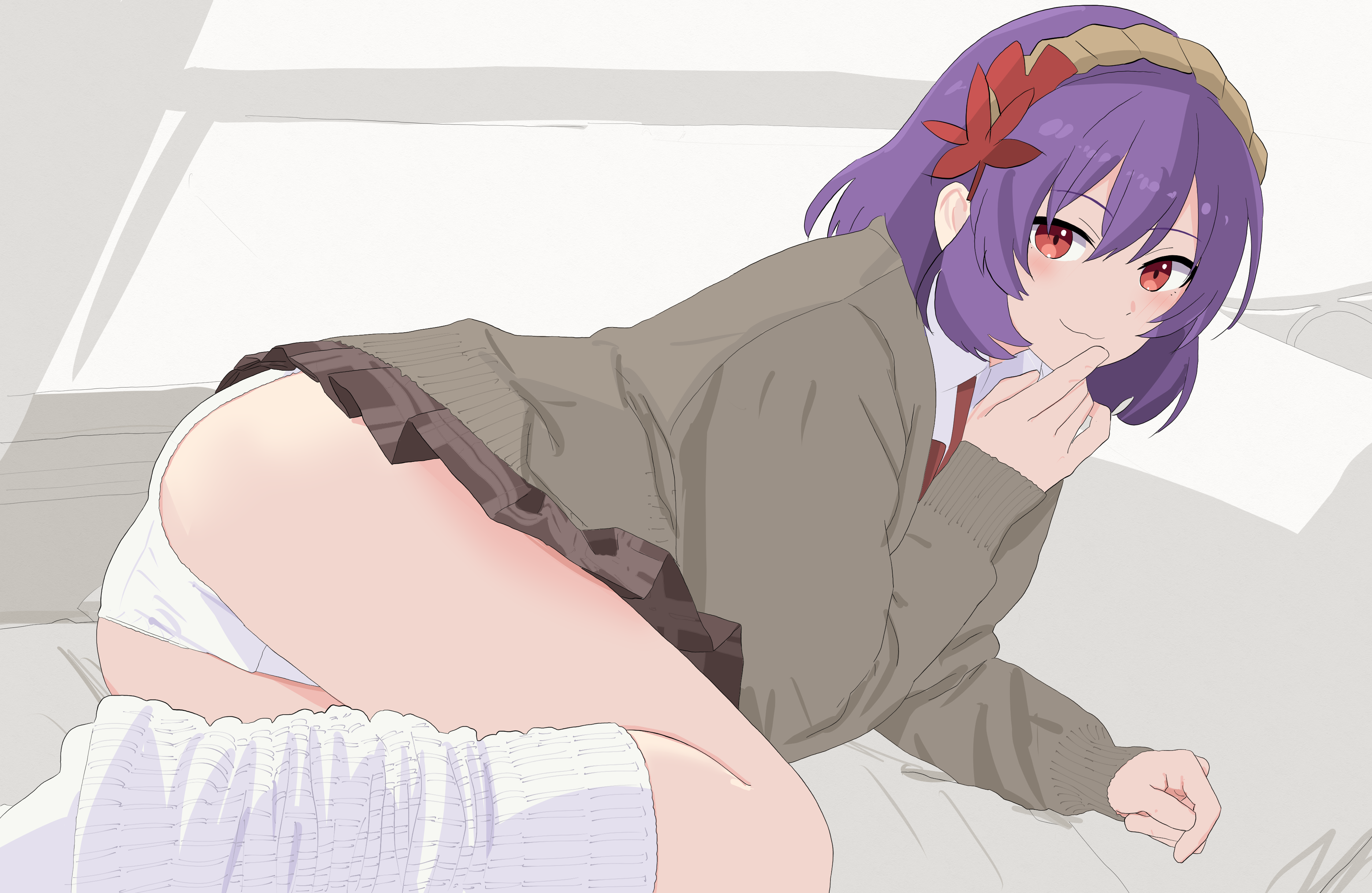 doubutsu koujou, yasaka kanako, touhou, absurdres, commentary request, highres, partial commentary, 1girl, :3, alternate costume, ass, brown jacket, brown skirt, closed mouth, double-parted bangs, grey background, hair between eyes, hairband, hand on own chin, jacket, kneehighs, knees up, light blush, long sleeves, looking at viewer, loose socks, lying, maple leaf hair ornament, medium hair, miniskirt, naughty face, neck ribbon, on bed, on side, panties, plaid clothes, plaid skirt, presenting, presenting ass, purple hair, red eyes, red ribbon, ribbon, rope, shimenawa, shirt, skirt, smile, socks, solo, thighs, underwear, white panties, white shirt, white socks