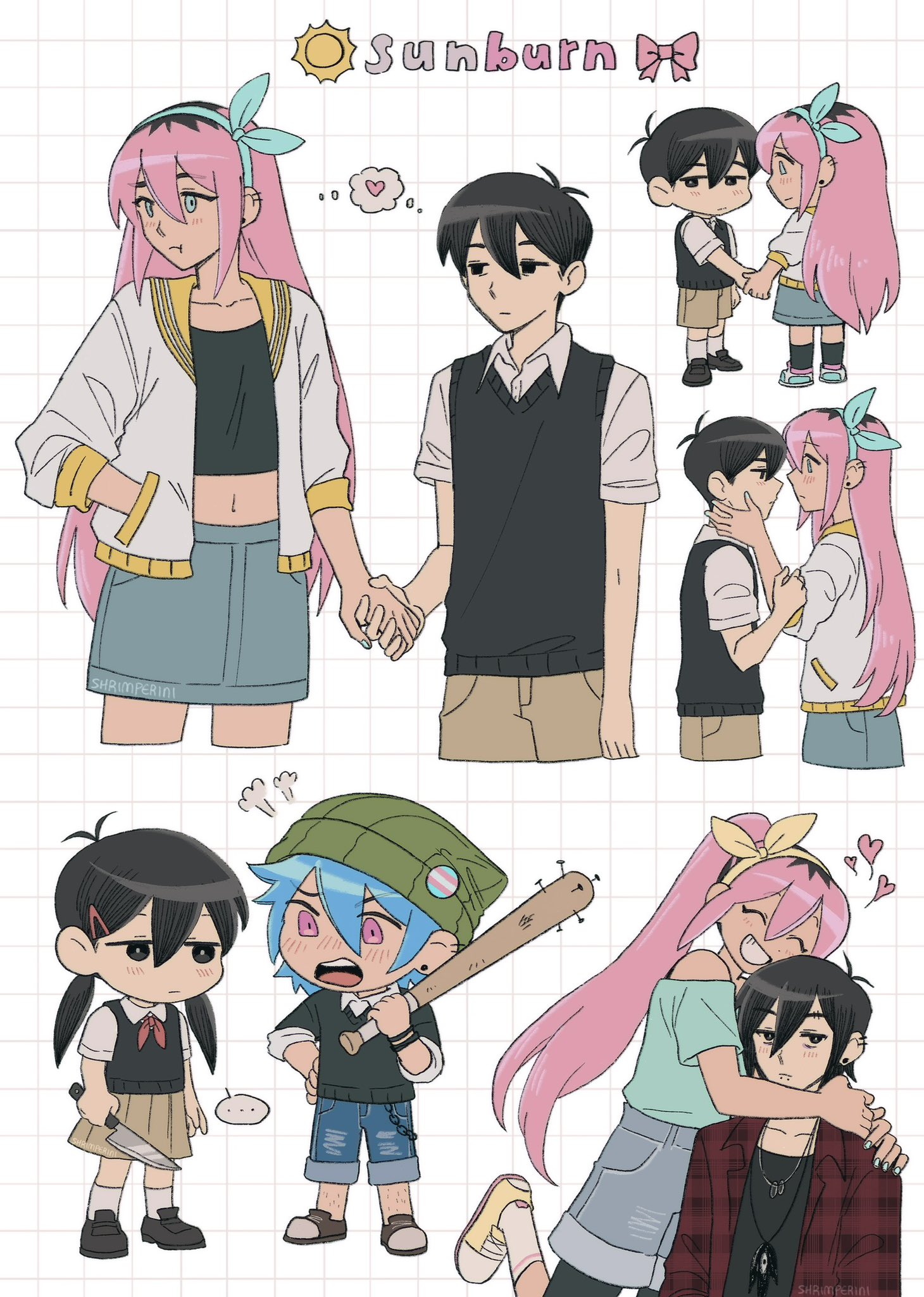 shrimperini, aubrey (faraway) (omori), aubrey (omori), something (omori), sunny (omori), omori, highres, …, 2boys, 2girls, alternate costume, alternate eye color, alternate hair color, alternate hairstyle, alternate universe, antenna hair, artist name, black eyes, black hair, black shoes, black sweater vest, blue eyes, blue hair, blue hairband, blue nails, blue shorts, blue skirt, blush, bright pupils, brown shorts, chibi, closed mouth, collarbone, collared shirt, crop top, dark skin, denim, denim shorts, denim skirt, double-parted bangs, ear piercing, emori (shrimperini), eyebrow piercing, face piercing, genderswap, genderswap (ftm), genderswap (mtf), grin, hair ornament, hairband, hairclip, heart, holding hands, hug, jacket, jeans, jewelry, lip piercing, loafers, long hair, looking at another, low twintails, medium hair, multiple boys, multiple girls, neckerchief, necklace, pants, parted lips, piercing, pink eyes, pink hair, plant roots, red neckerchief, shared thought bubble, shirt, shoes, short hair, short sleeves, short twintails, shorts, skirt, smile, socks, speech bubble, spoken ellipsis, spoken heart, sweater vest, teeth, thought bubble, transgender flag, transgender flag print, twintails, white jacket, white pupils, white shirt, white socks