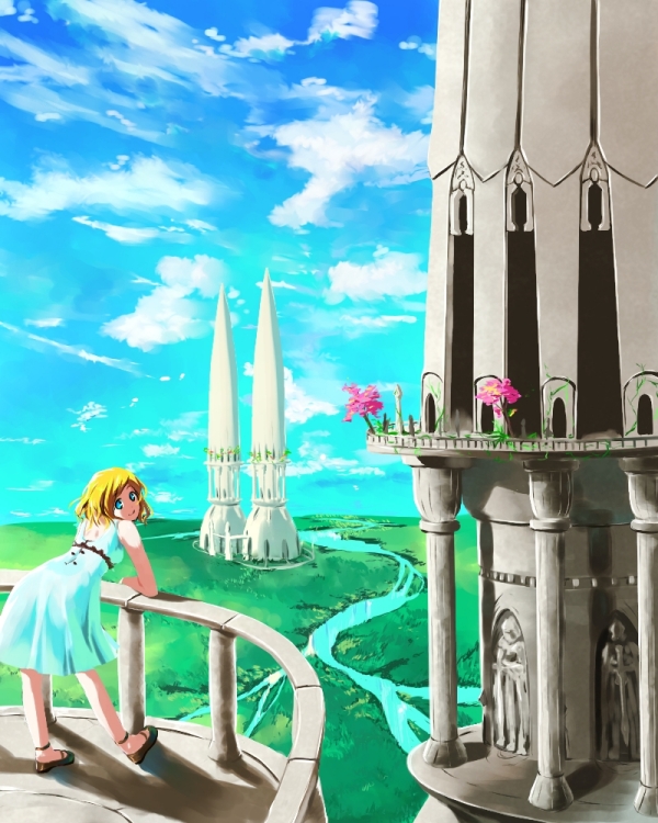 yoshimoto (dear life), aqua eyes, architecture, balcony, blonde hair, blue eyes, cloud, column, day, dress, flower, landscape, nature, pillar, river, scenery, sky, solo, tower, water