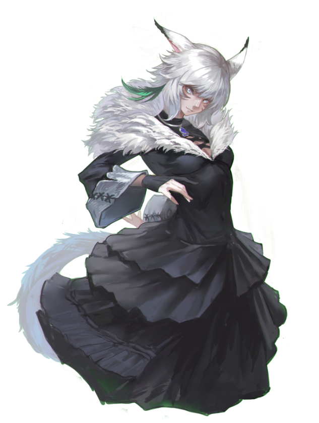 xleontan, y'shtola rhul, final fantasy, final fantasy xiv, 1girl, animal ears, black dress, black gloves, blind, breasts, cat ears, cat tail, closed mouth, dress, eyebrows hidden by hair, facial mark, from side, full body, fur-trimmed dress, fur trim, gloves, hand on own hip, looking at viewer, medium breasts, medium hair, miqo'te, simple background, smile, solo, tail, white background, white eyes, white hair