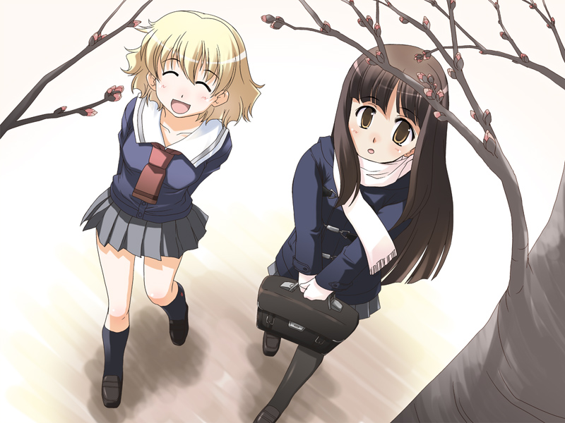 osamada meika, original, black legwear, 2girls, multiple girls, pantyhose, scarf, school uniform, serafuku