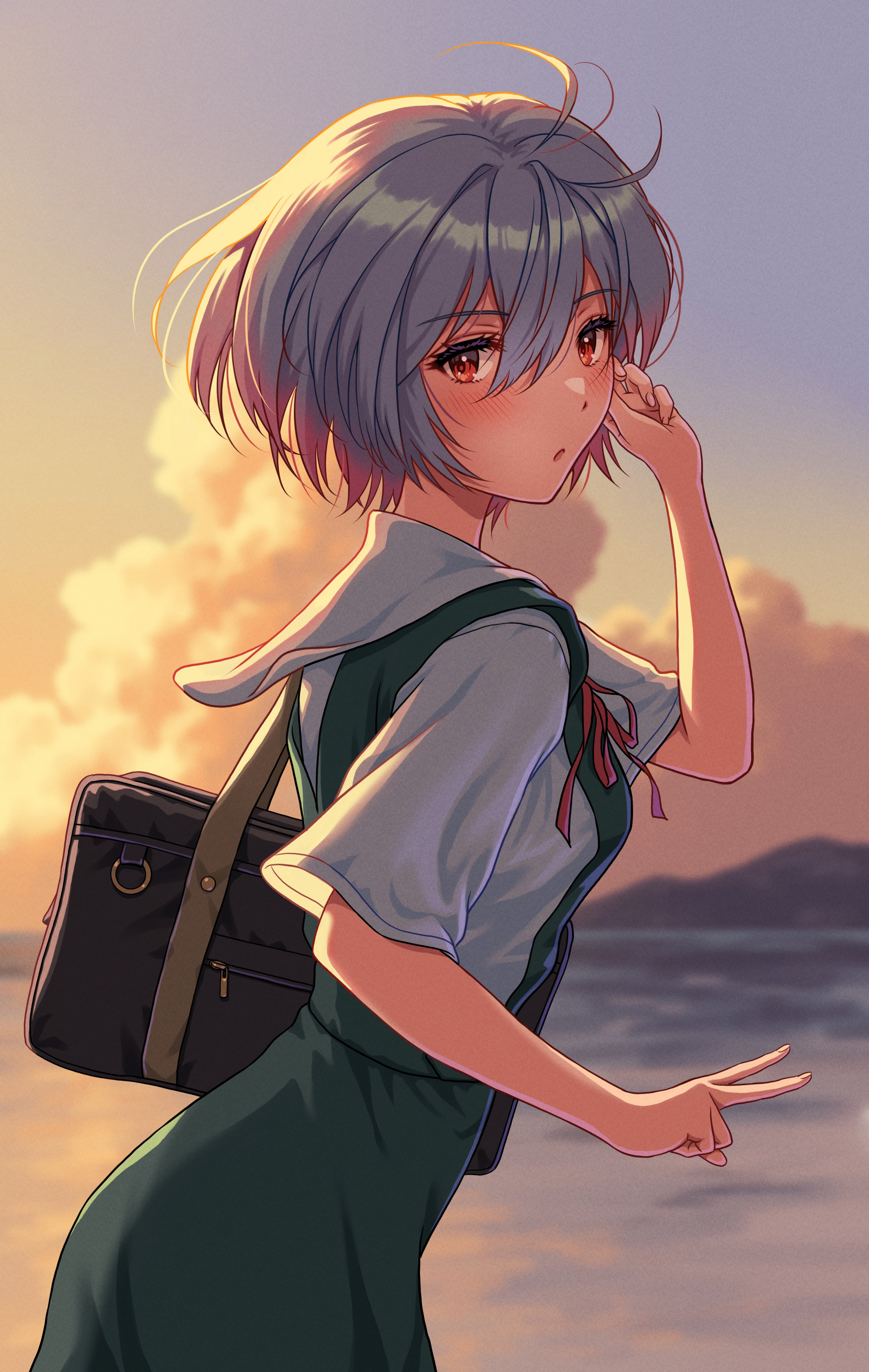 yahha, ayanami rei, neon genesis evangelion, absurdres, commentary, highres, 1girl, :o, adjusting hair, bag, blue bag, blue hair, blue skirt, blue sky, blush, bow, bowtie, breasts, cloud, collared shirt, cumulonimbus cloud, dress shirt, dusk, eyelashes, from side, gradient sky, hair between eyes, looking at viewer, looking to the side, loose hair strand, messy hair, mountainous horizon, neck ribbon, ocean, orange sky, parted lips, red bow, red bowtie, red eyes, red ribbon, ribbon, school bag, shirt, short hair, short sleeves, skirt, sky, small breasts, solo, sunset, suspender skirt, suspenders, v, water, white shirt, wind