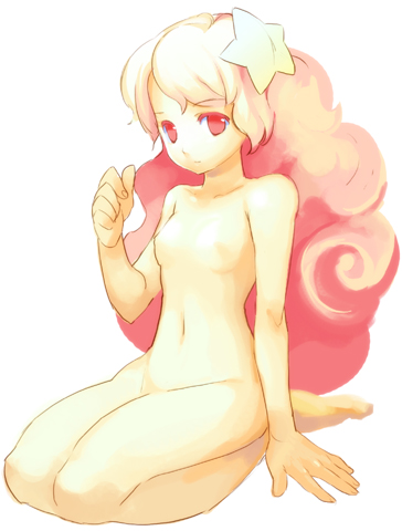 kuzui, original, lowres, kneeling, long hair, nude, pink eyes, pink hair, simple background, solo, star (symbol)