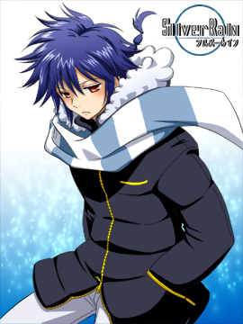 kaito (vocaloid), silver rain, vocaloid, lowres, 1boy, blue hair, hands in pockets, male focus, red eyes, scarf, solo, striped clothes, striped scarf