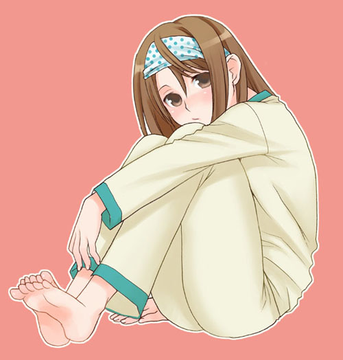 mattaku mousuke, original, 1girl, barefoot, brown eyes, brown hair, feet, female focus, full body, hairband, long hair, pajamas, simple background, soles, solo, toes