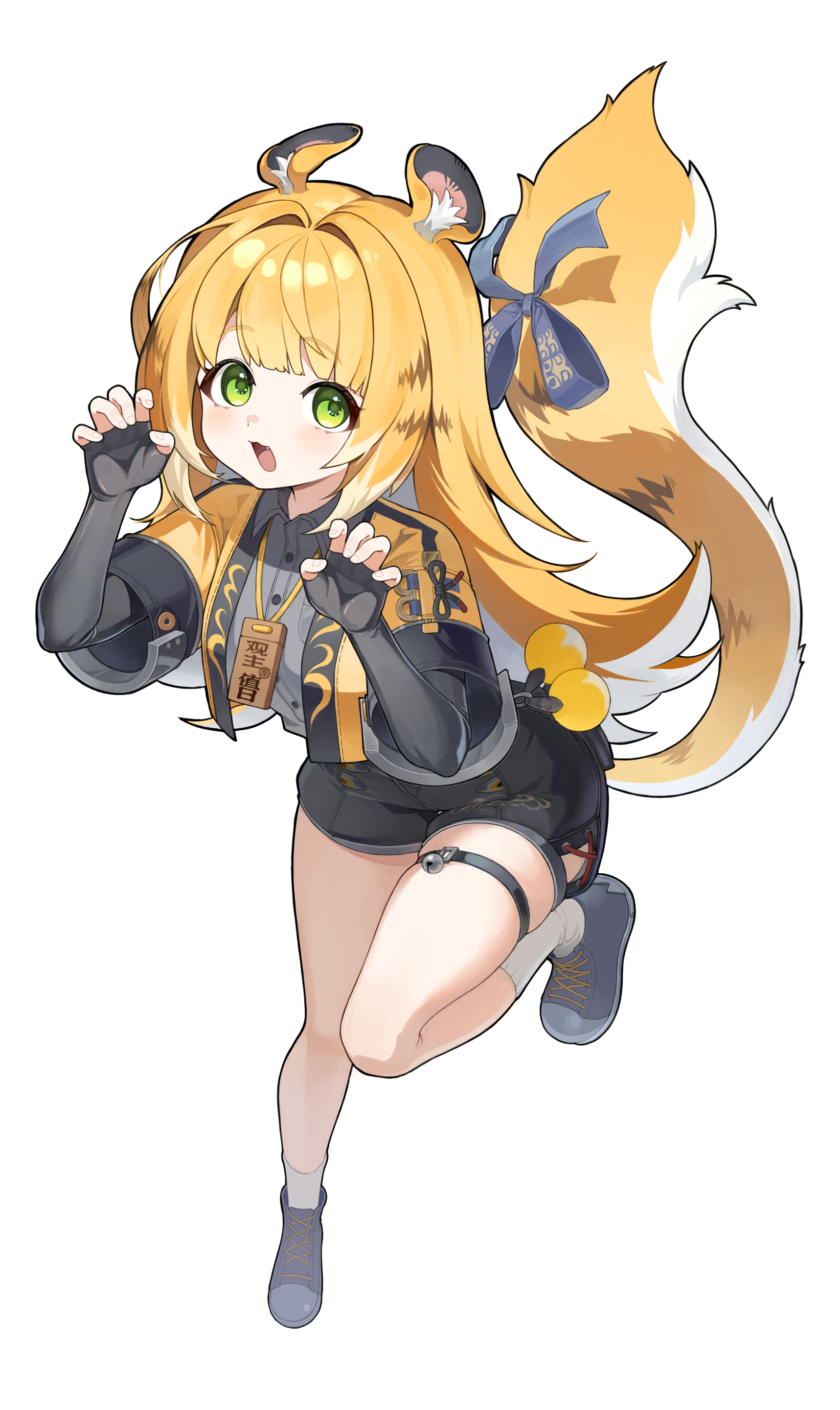 ju fufu, zenless zone zero, absurdres, highres, 1girl, animal ear fluff, animal ears, blonde hair, bow, breasts, colored inner hair, gloves, green eyes, high-waist shorts, jacket, long hair, looking at viewer, multicolored hair, open mouth, shirt, shorts, smile, solo, tail, tail bow, tail ornament, thigh strap, tiger ears, tiger girl, tiger tail, user tjyr2242, white hair, yellow jacket