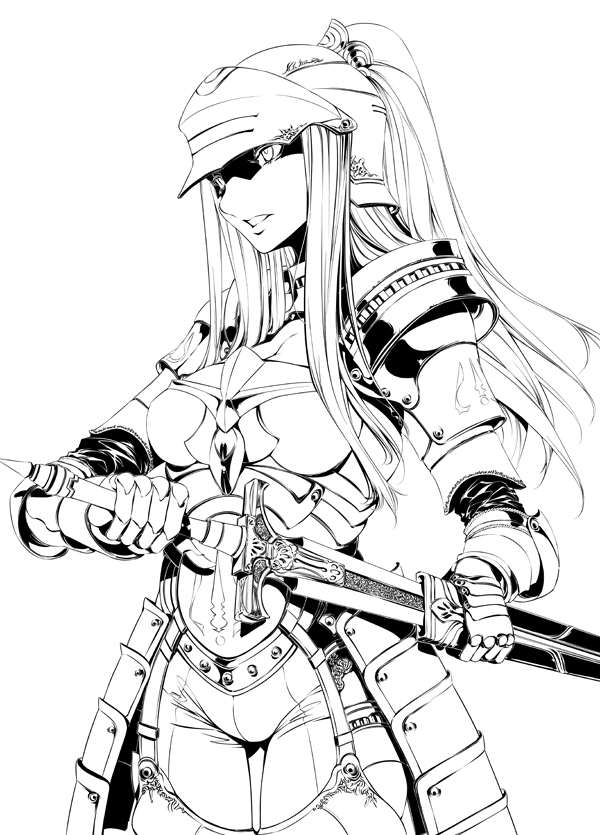mizuryu kei, original, armor, fantasy, greyscale, helm, helmet, long hair, monochrome, ponytail, solo, sword, weapon