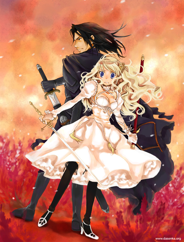 kurafuji sachi, original, 1boy, 1girl, black thighhighs, blonde hair, blue eyes, dress, sword, thighhighs, weapon