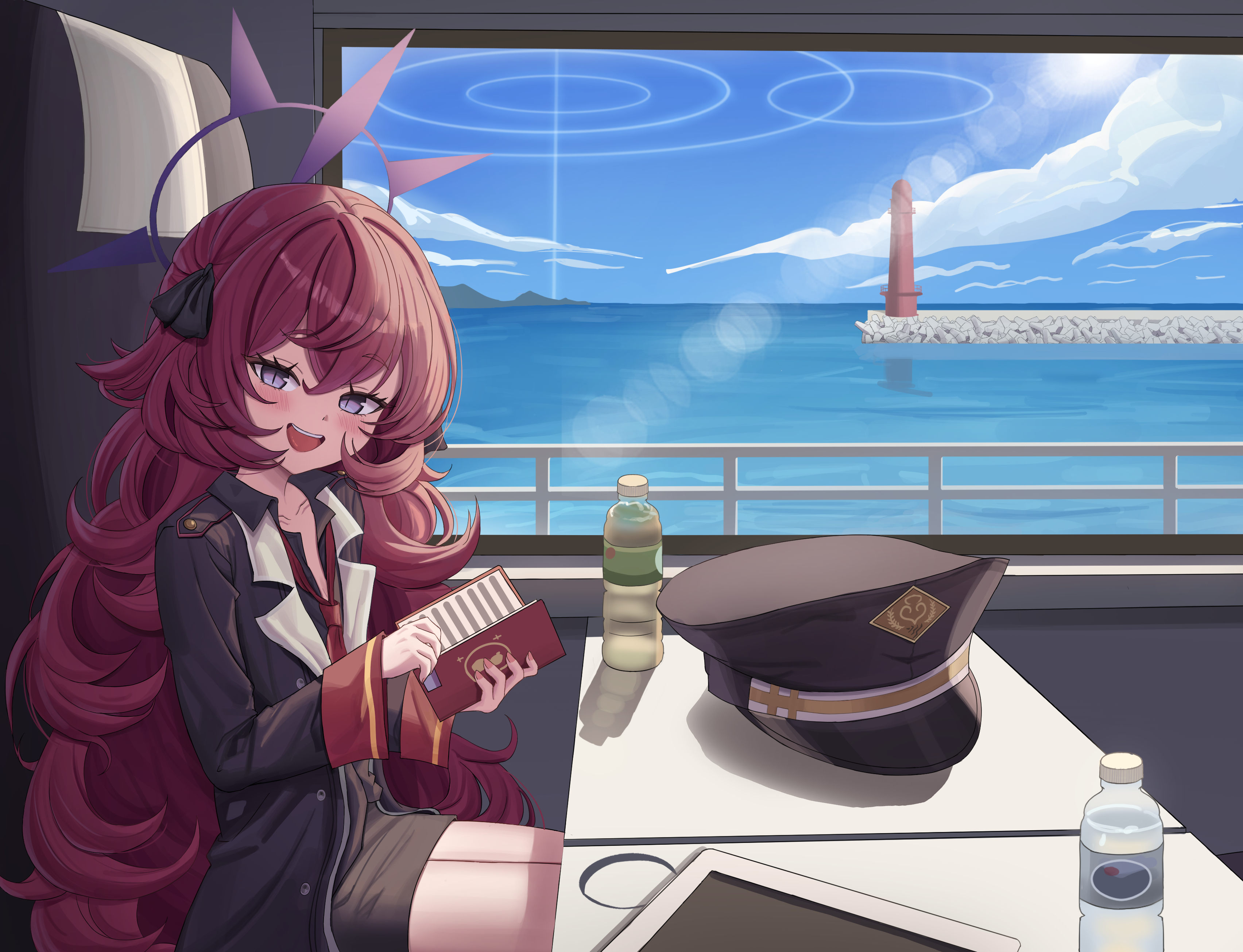 dwadwa98, iroha (blue archive), blue archive, fluffy hair, absurdres, highres, 1girl, black jacket, black ribbon, black shirt, black skirt, blue eyes, blue halo, blush, book, hair ribbon, halo, holding, holding book, jacket, long hair, necktie, open mouth, red hair, red necktie, ribbon, scenery, shirt, sidelocks, sitting, skirt, solo, very long hair