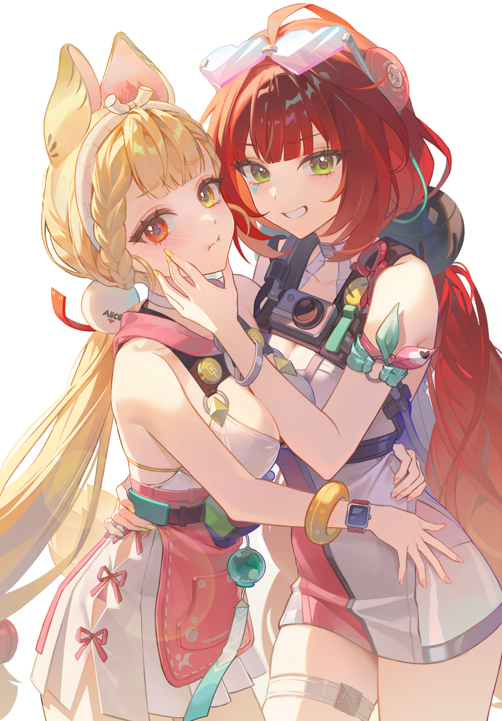 ongya, alice thymefield, alice thymefield (sea of thyme), ukinami yuzuha, ukinami yuzuha (tanuki in broad daylight), zenless zone zero, absurdres, commentary, highres, 2girls, :i, bare shoulders, blonde hair, eyewear on head, green eyes, grin, heterochromia, light blush, long hair, looking at viewer, multiple girls, official alternate costume, red eyes, red hair, smile, sunglasses, thighs, yellow eyes, yuri