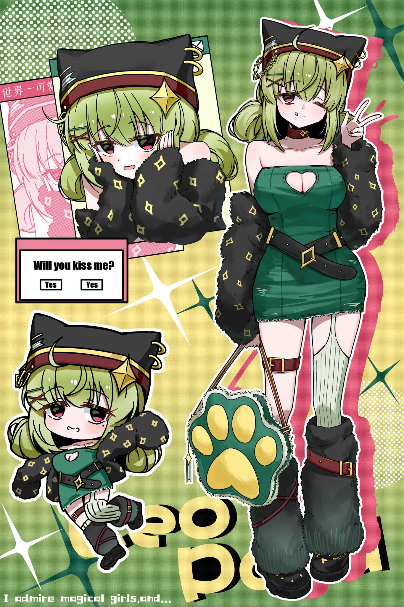 araga kiwi, mahou shoujo ni akogarete, highres, 1girl, animal hat, asymmetrical legwear, bag, bare shoulders, breasts, cat hat, chibi, cleavage cutout, clothing cutout, copyright name, double bun, dress, english text, green dress, green hair, hair bun, hair ornament, hands on own cheeks, hands on own face, hat, medium breasts, mole, mole under eye, one eye closed, open mouth, purple eyes, tongue, tongue out, wi58kbma9vq4bb6, x hair ornament