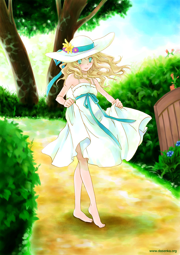 kurafuji sachi, original, 1girl, barefoot, blonde hair, day, dress, feet, flat chest, hat, outdoors, smile