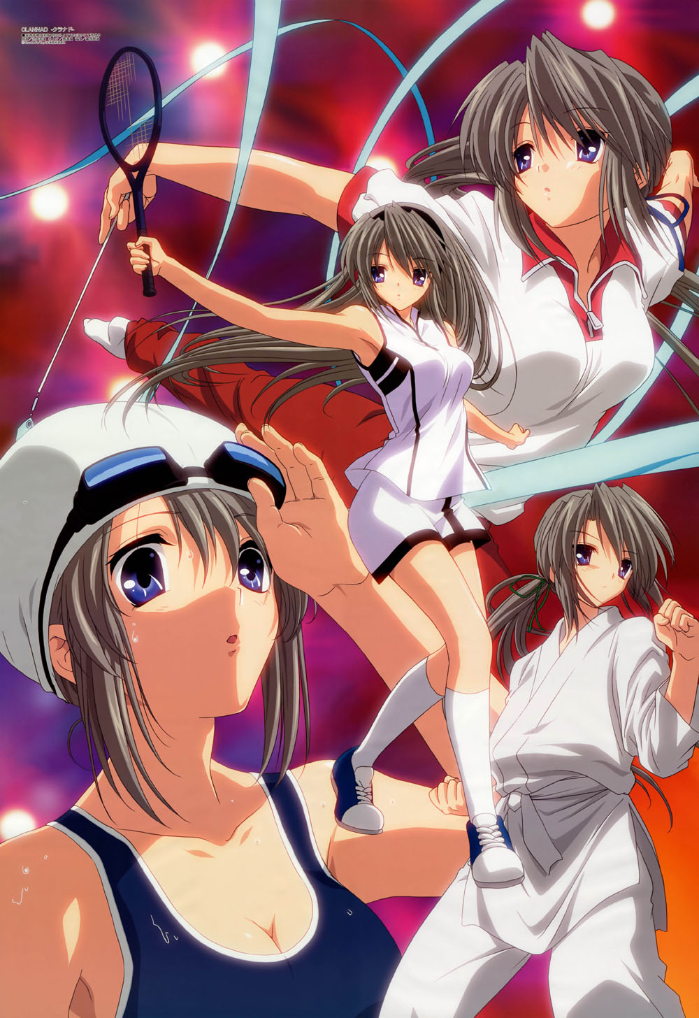 ikeda kazumi, sakagami tomoyo, clannad, megami magazine, highres, 00s, 1girl, blue eyes, breasts, cleavage, competition swimsuit, dougi, goggles, grey hair, gym uniform, gymnastics, hairband, karate, kneehighs, large breasts, long hair, medium breasts, one-piece swimsuit, ponytail, racket, rhythmic gymnastics, ribbon, ribbon baton, sash, school swimsuit, shoes, sneakers, socks, sportswear, swim cap, swimsuit, tennis, tennis racket, tennis uniform, wet