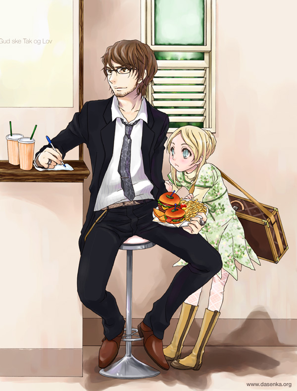 kurafuji sachi, original, 1boy, 1girl, blonde hair, burger, dress, food, long hair