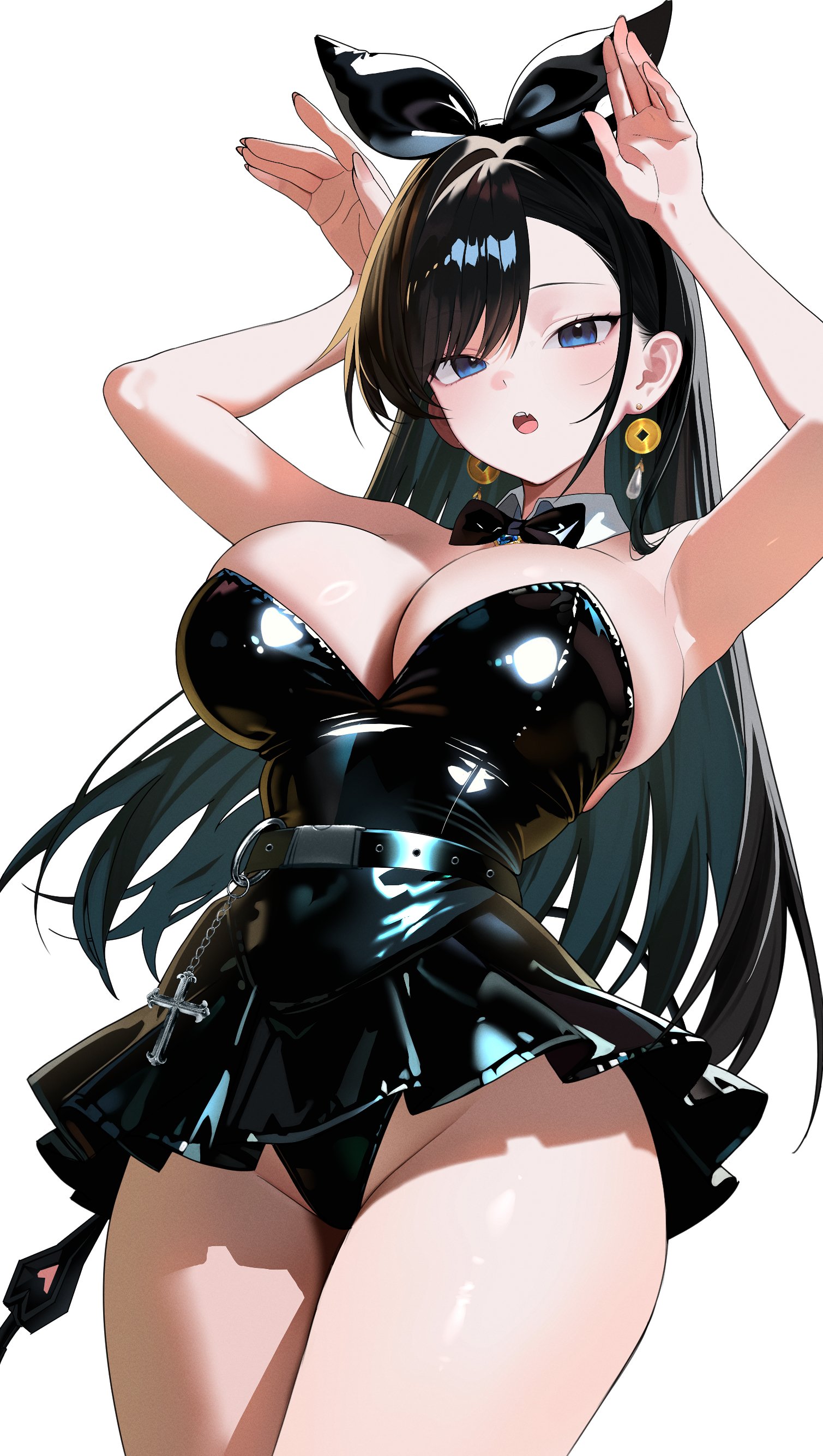 chiromi, original, absurdres, commentary, commission, highres, 1girl, :o, armpits, arms up, asymmetrical bangs, belt, black belt, black bow, black hair, black panties, blue eyes, bow, breasts, chain, cleavage, collar, covered navel, cowboy shot, cross, detached collar, dress, earrings, film grain, from below, hair bow, hair intakes, jewelry, large breasts, leather, leather dress, long hair, looking at viewer, microdress, open mouth, palms, panties, rabbit pose, shiny skin, simple background, solo, standing, straight hair, thighs, underwear, upskirt, white background, white collar, wing collar