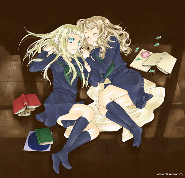 kurafuji sachi, original, black legwear, 2girls, black shirt, blonde hair, blouse, feet, multiple girls, reflective floor, school uniform, serafuku, shirt, socks