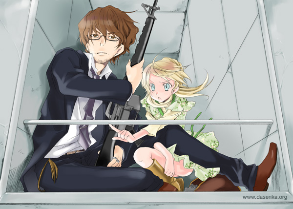 kurafuji sachi, original, 1boy, 1girl, assault rifle, blonde hair, dress, gun, m16, m16a1, rifle, weapon