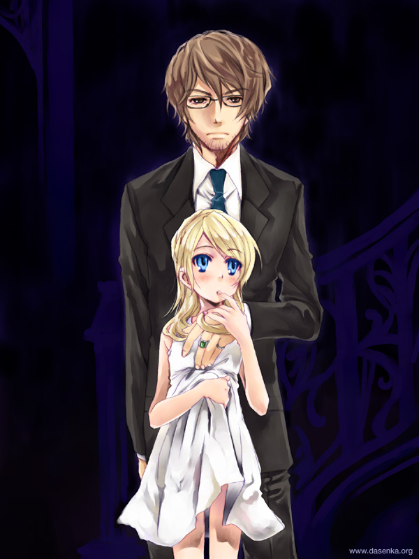 kurafuji sachi, original, tagme, 1boy, 1girl, blonde hair, blue eyes, clothes lift, dress, dress lift, facial hair, goatee stubble, loli, stubble