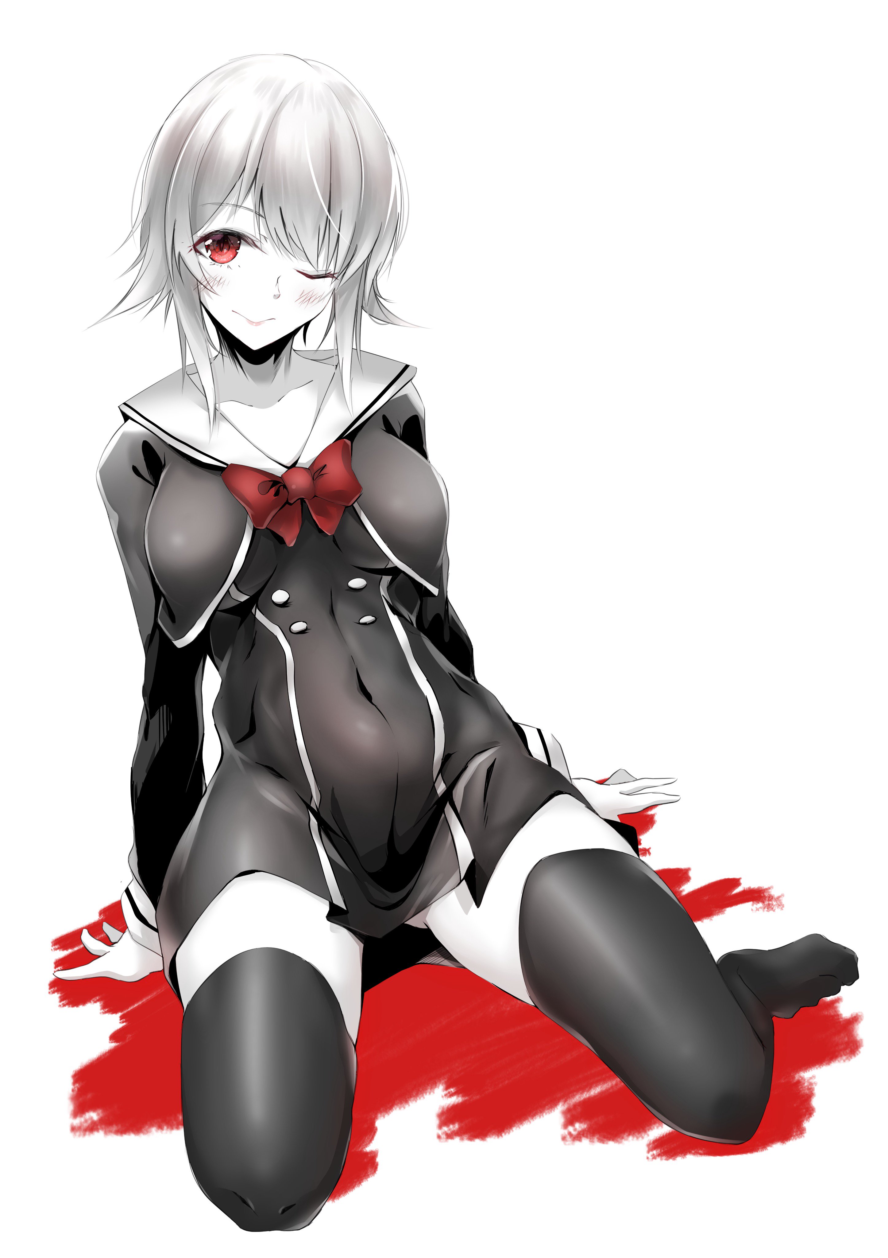 yakku, onoe serika, chaos;child, science adventure, absurdres, highres, 1girl, black thighhighs, bow, chest bow, cropped jacket, dress vest, gluteal fold, hekiho academy school uniform, kneeling, looking at viewer, miniskirt, no shoes, one eye closed, onoe serike, partially colored, red bow, red eyes, sailor collar, sailor shirt, school uniform, shirt, skirt, solo, spread legs, thick thighs, thighhighs, thighs, white sailor collar