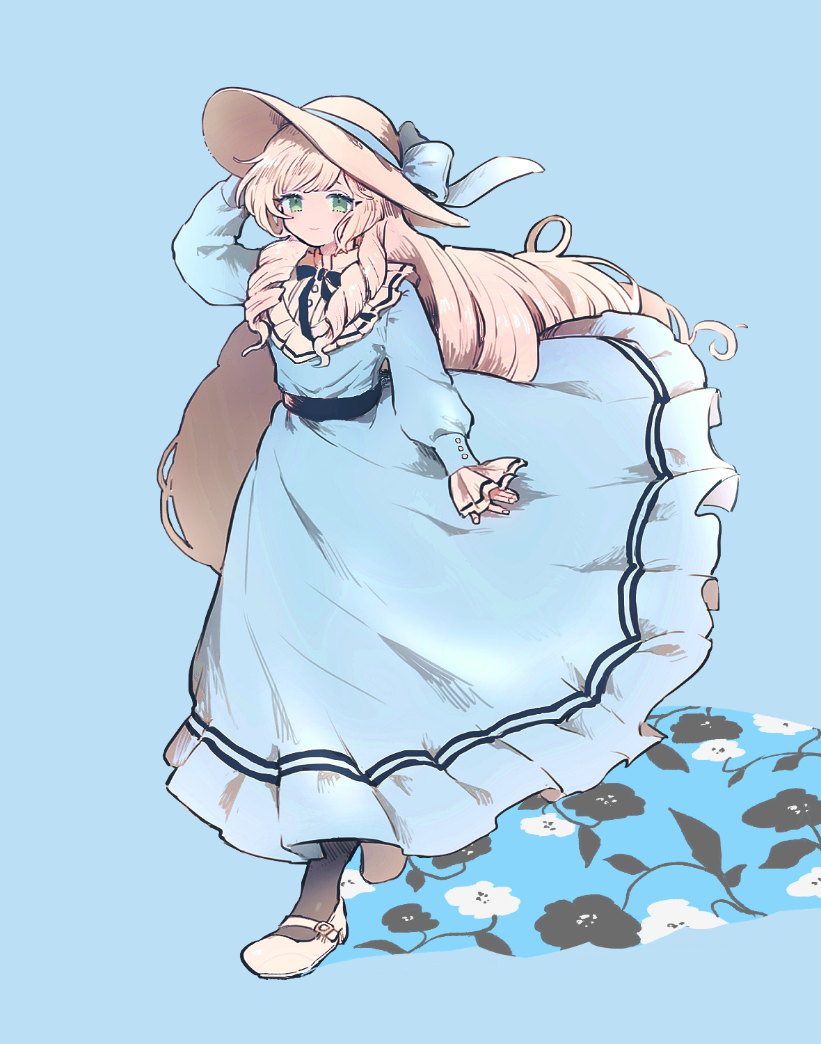 kurosuke (hipparu), mademoiselle (ensemble stars!), ensemble stars!, highres, 1girl, blonde hair, blue background, blue dress, bow, closed mouth, dress, drill hair, drill sidelocks, floral print, frilled dress, frilled shirt collar, frills, full body, green eyes, hair between eyes, hand on headwear, hat, hat bow, hat ribbon, leggings, long hair, long sleeves, mary janes, ribbon, shadow, shoes, sidelocks, sleeve cuffs, smile, solo, striped collar, sun hat, very long hair, walking, white shoes, wrist cuffs