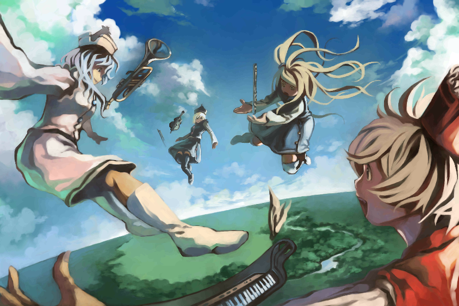 layla prismriver, lunasa prismriver, lyrica prismriver, merlin prismriver, touhou, artist request, 4girls, cloud, day, female focus, flute, instrument, keyboard, keyboard (instrument), landscape, multiple girls, scenery, siblings, sisters, trumpet, violin