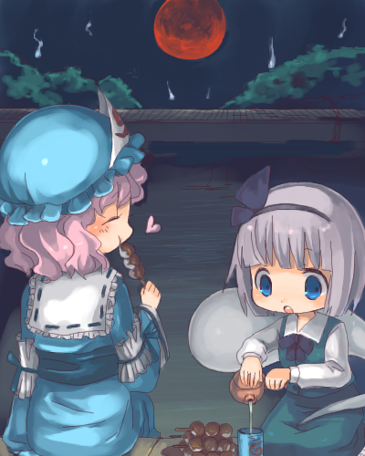 konpaku youmu, konpaku youmu (ghost), saigyouji yuyuko, touhou, lowres, 2girls, blue eyes, chibi, dango, eating, female focus, food, full moon, heart, moon, multiple girls, open mouth, pouring, red moon, skewer, wagashi