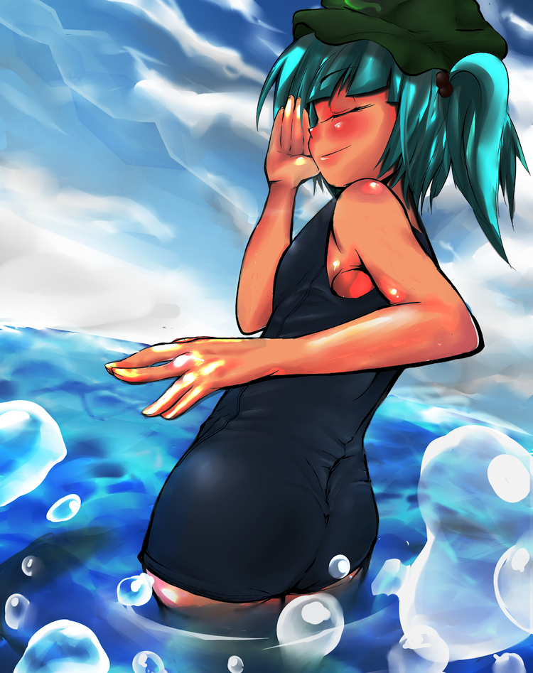 kawashiro nitori, touhou, 1girl, blue hair, bubble, closed eyes, female focus, hair bobbles, hair ornament, hat, one-piece swimsuit, school swimsuit, short hair, solo, swimsuit, tan, two side up, water