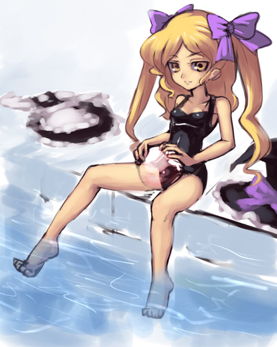 kirisame marisa, touhou, 1girl, alternate hairstyle, bad anatomy, bad feet, ball, barefoot, black one-piece swimsuit, blonde hair, bow, feet, female focus, hair bow, hat, hat bow, no headwear, one-piece swimsuit, pool, poolside, poorly drawn, sitting, soaking feet, solo, swimsuit, twintails, unworn clothes, unworn hat, unworn headwear, yellow eyes