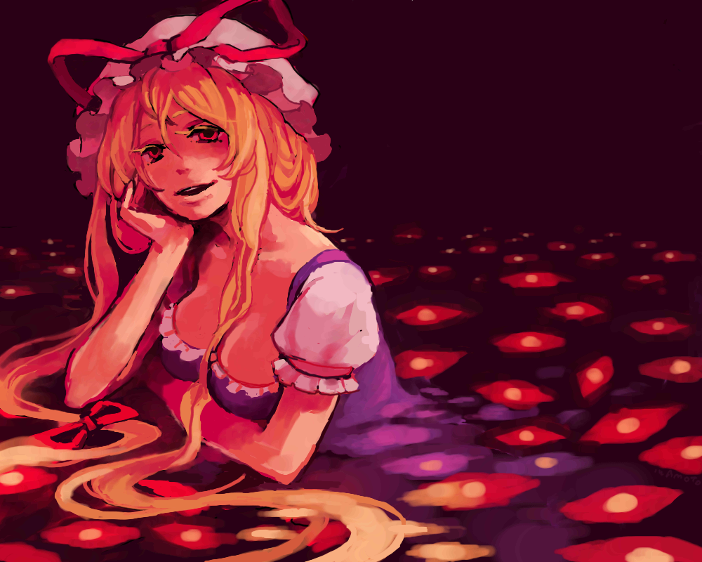 iwamoto zerogo, yakumo yukari, touhou, 1girl, blonde hair, bow, female focus, gap (touhou), hair bow, hat, head rest, long hair, looking at viewer, red eyes, ribbon, smile, solo