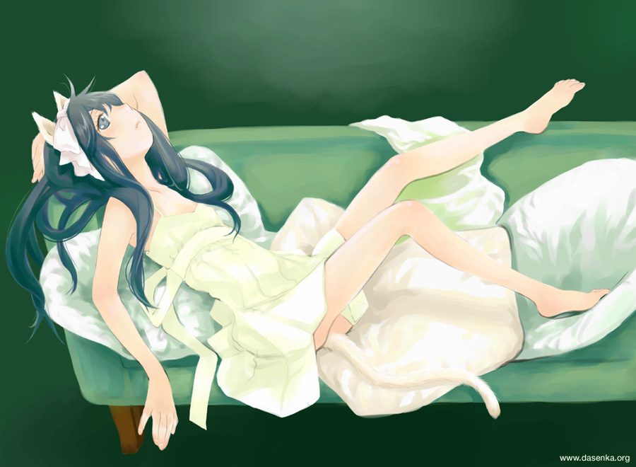 kurafuji sachi, 1girl, animal ears, barefoot, cat ears, cat tail, couch, dress, female focus, green upholstery, long hair, solo, tail