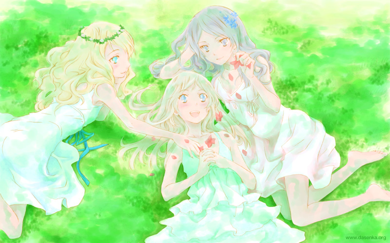 kurafuji sachi, original, 3girls, barefoot, blonde hair, blue hair, dress, flower, long hair, multiple girls, smile