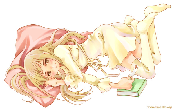 kurafuji sachi, original, 1girl, blonde hair, book, dress, feet, female focus, pillow, ribbon, smile, solo