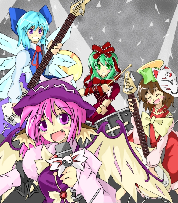 chen, cirno, kagiyama hina, mystia lorelei, touhou, 4girls, animal ears, band (music), bass guitar, blue eyes, blue hair, blush, bow, brown hair, cat ears, cat girl, drumsticks, fang, female focus, fox mask, frills, front ponytail, green eyes, green hair, guitar, hair bow, hair ornament, hair ribbon, hat, holding, instrument, long hair, long sleeves, looking at viewer, mask, microphone, multiple girls, open mouth, pink eyes, pink hair, ribbon, short hair, smile, team 9 (touhou), teeth, wings, yin yang