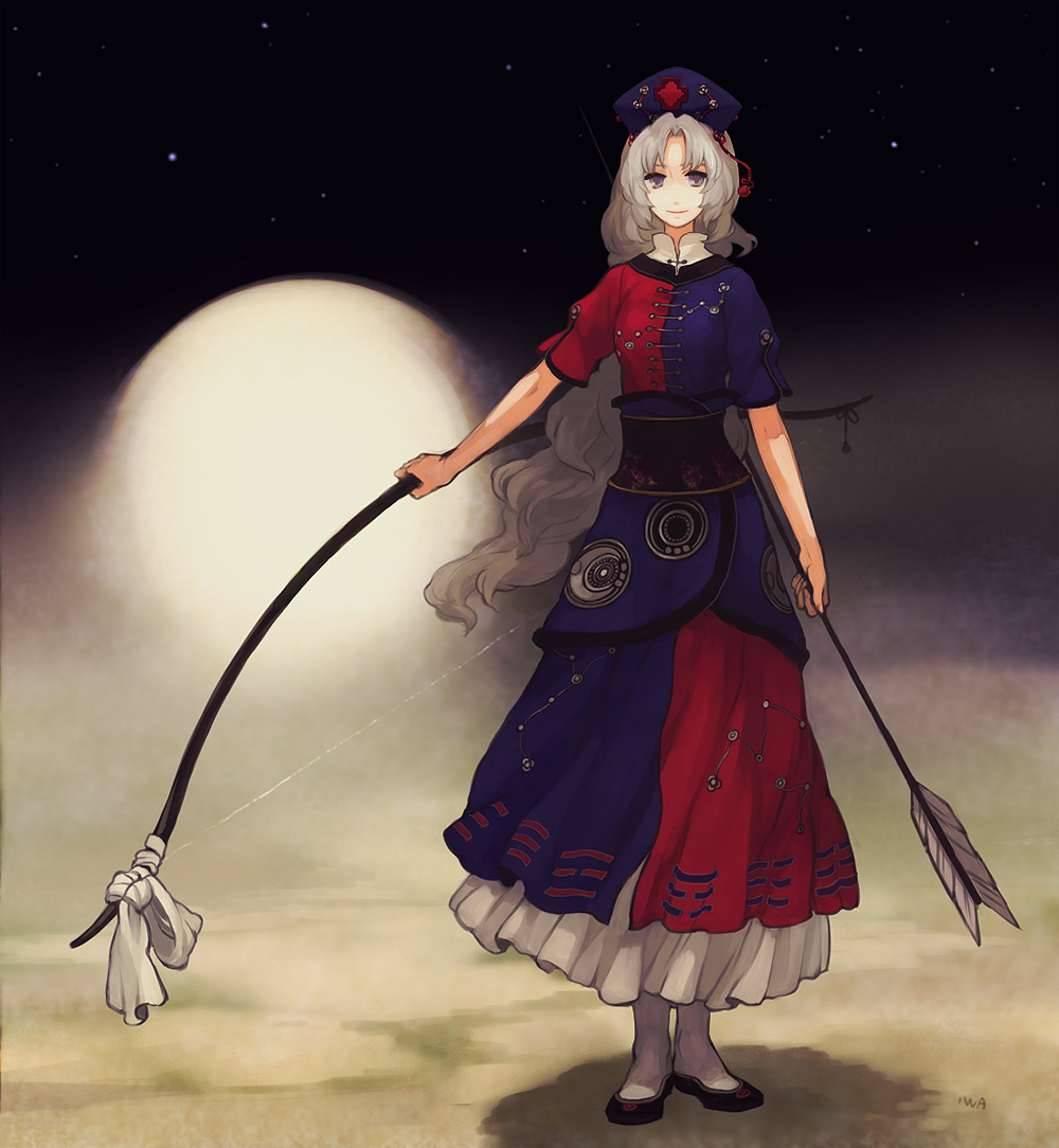 iwamoto zerogo, yagokoro eirin, touhou, silver hair, 1girl, bow (weapon), constellation, cross, dress, female focus, moon, red cross, sky, solo, star (sky), starry sky, trigram, two-tone dress, weapon
