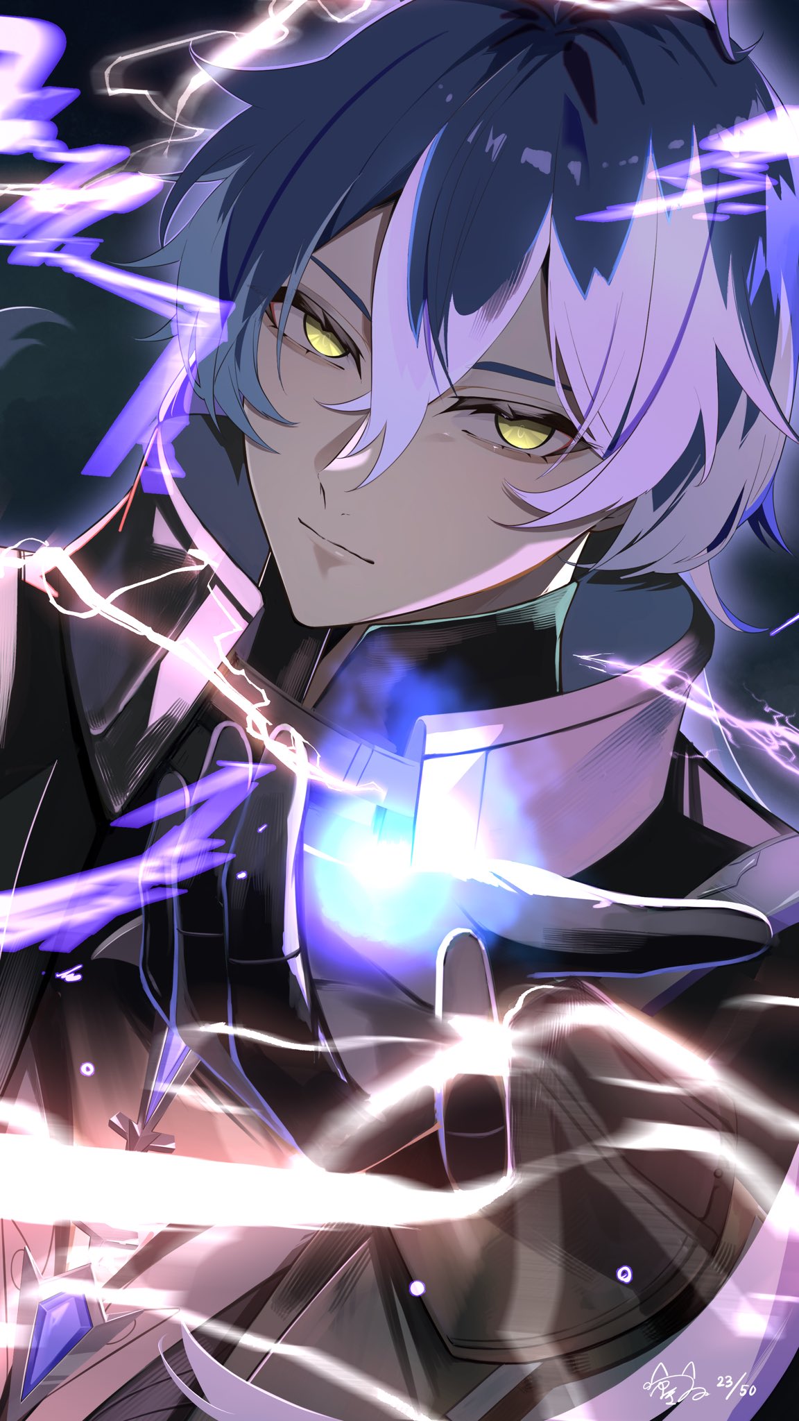 snow fox arts, flins (genshin impact), genshin impact, commentary, commentary request, highres, 1boy, arm up, black coat, black gloves, blue hair, closed mouth, coat, collared coat, double-parted bangs, electricity, expressionless, gloves, hair between eyes, high collar, looking to the side, male focus, sideways glance, solo, upper body, yellow eyes