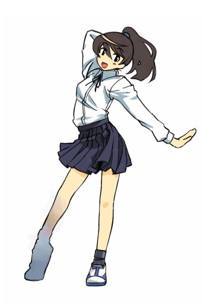 michael f91, 1girl, arm up, blue skirt, collared shirt, contrapposto, female focus, full body, long sleeves, looking back, ponytail, school uniform, serafuku, shirt, shoes, simple background, skirt, sneakers, solo, standing, white background, white shirt