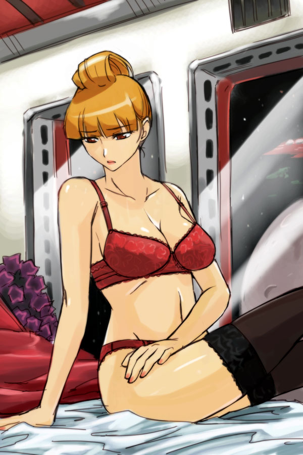 michael f91, cecilia irene, gwazine, musai, gundam, mobile suit gundam, 1girl, blonde hair, bra, breasts, cleavage, female focus, large breasts, lingerie, panties, solo, space, spacecraft, thighhighs, underwear, underwear only, window