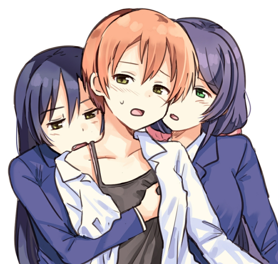 hatsukaze33, hoshizora rin, sonoda umi, tojo nozomi, love live!, love live! school idol project, 3girls, blazer, blue hair, blue jacket, collarbone, grabbing another's breast, green eyes, groping, jacket, lily white (love live!), long hair, multiple girls, open clothes, open mouth, open shirt, orange hair, otonokizaka school uniform, purple hair, school uniform, shirt, short hair, simple background, sweatdrop, white background, white shirt, yellow eyes, yuri