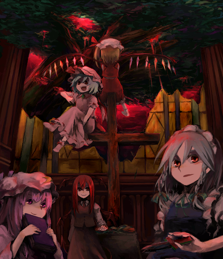 takishima asaka, flandre scarlet, izayoi sakuya, koakuma, patchouli knowledge, remilia scarlet, embodiment of scarlet devil, touhou, 5girls, cross, female focus, hat, knife, latin cross, maid, mob cap, multiple girls, nature, outdoors, plant, skirt, sky, throwing knife, weapon, wings