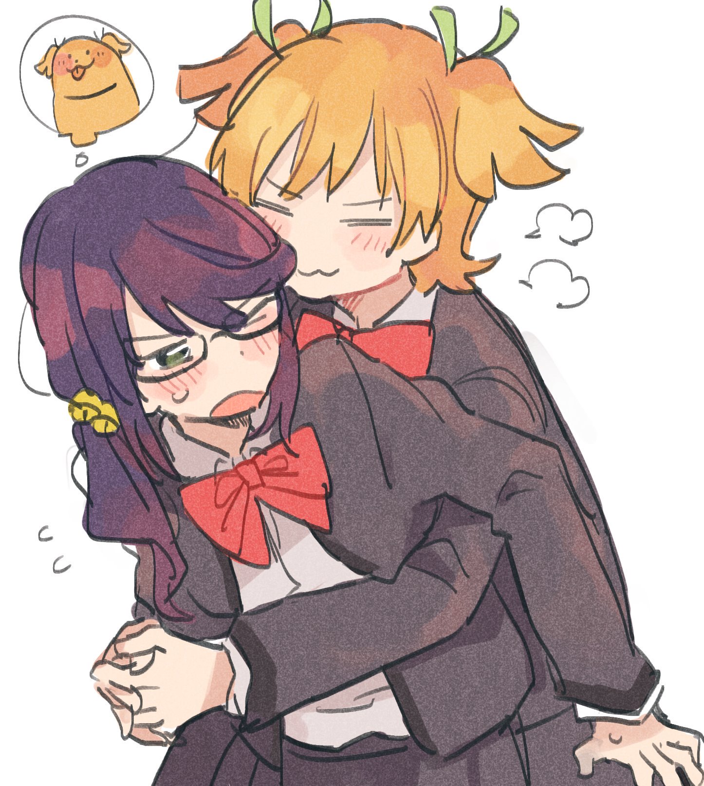 cetacea kw, daiba nana, hoshimi junna, shoujo kageki revue starlight, commentary, highres, 2girls, :3, animalization, bell, black-framed eyewear, blonde hair, blush, bow, bowtie, closed eyes, closed mouth, collared shirt, curled fingers, dog, dot nose, facing another, flipped bangs, flying sweatdrops, front-to-back, glasses, green eyes, green ribbon, grey jacket, grey skirt, hair bell, hair between eyes, hair ornament, hug, hug from behind, image in thought bubble, interlocked fingers, jacket, leaning on person, long hair, long sleeves, looking back, low side ponytail, multiple girls, no nose, one eye closed, open clothes, open jacket, open mouth, own hands together, puff of air, purple hair, red bow, red bowtie, ribbon, school uniform, seishou music academy uniform, shirt, shirt tucked in, short hair, sketch, skirt, speech bubble, sweatdrop, thought bubble, tongue, tongue out, two side up, upper body, v-shaped eyebrows, white background, white shirt