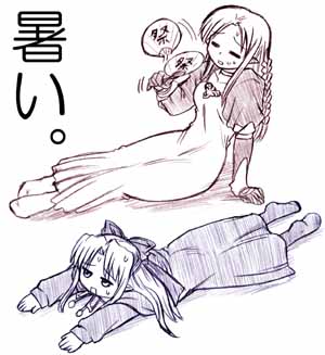 steed (steed enterprise), len (tsukihime), medea (caster) (fate), medea (fate), fate/stay night, fate (series), melty blood, tsukihime, type-moon, lowres, 00s, 2girls, dress, hand fan, hot, long dress, monochrome, motion lines, multiple girls, multiple monochrome, paper fan, pointy ears, sketch, sweat, uchiwa