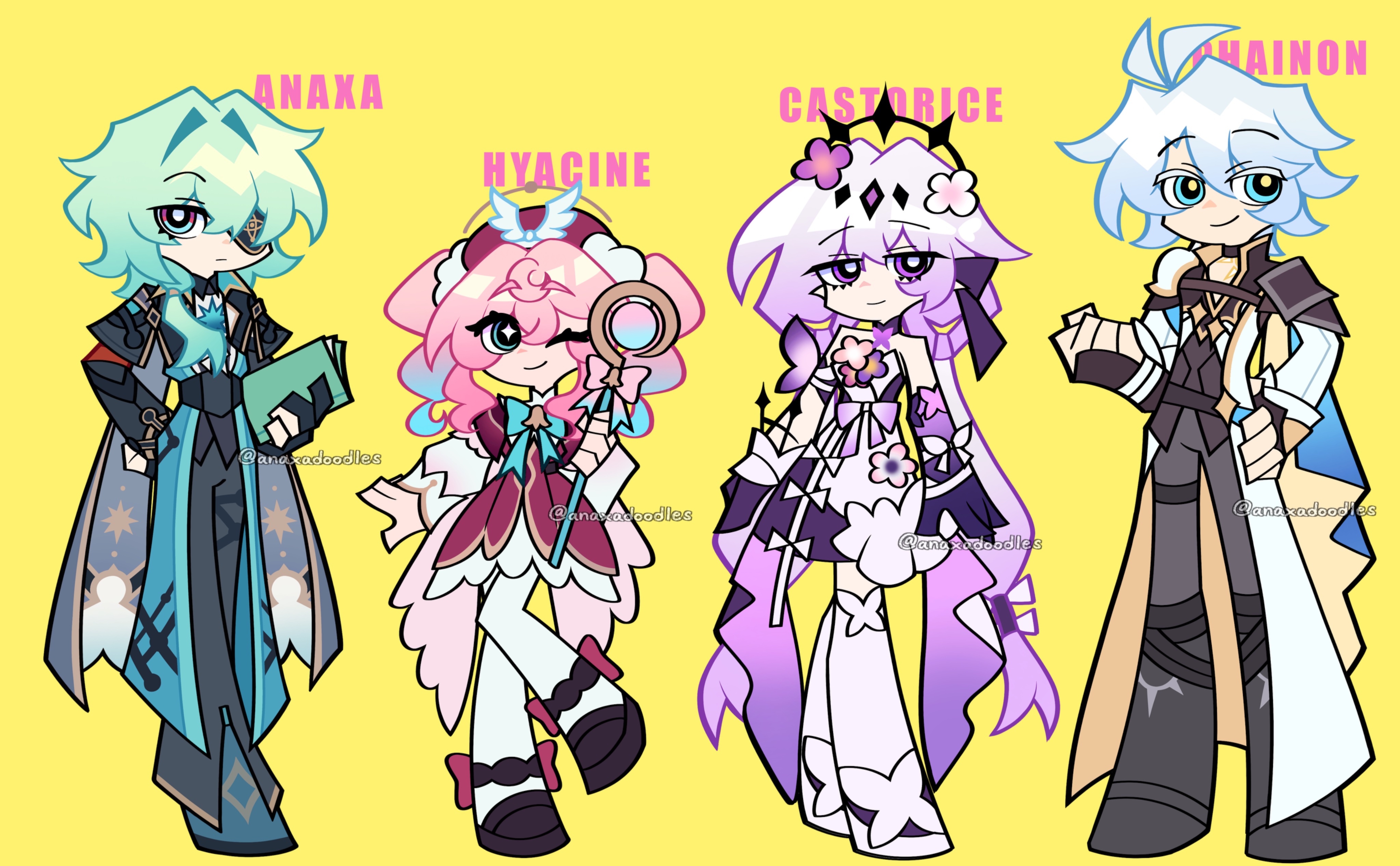 anaxa (honkai: star rail), castorice (honkai: star rail), hyacine (honkai: star rail), phainon (honkai: star rail), panty & stocking with garterbelt, absurdres, highres, 2boys, 2girls, anaxa doodles, antenna hair, aqua eyes, armor, black boots, black shoes, blue hair, book, boots, bright pupils, character name, coat, colored eyelashes, dress, eyepatch, gradient hair, green hair, grey pants, hair intakes, hat, holding, holding book, holding staff, long sleeves, looking at viewer, multicolored hair, multiple boys, multiple girls, pants, pantyhose, parody, pink hair, purple eyes, purple hair, red dress, red hat, shoes, short hair, shoulder armor, simple background, staff, standing, style parody, thigh strap, white coat, white dress, white pantyhose, white pupils, wrist cuffs, yellow background